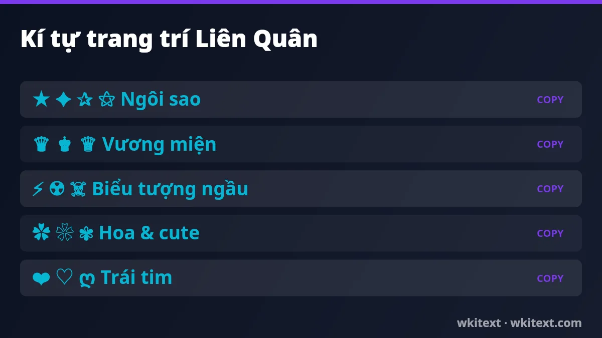 999+ Kí Tự Đặc Biệt Liên Quân ❤️✔️ 2026 - Wkitext.com 3 Bảng kí tự trang trí Liên Quân: sao, vương miện, trái tim